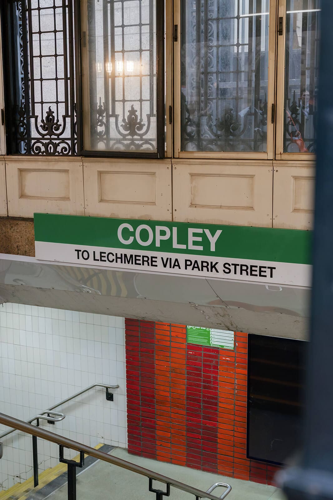 Copley MBTA station sign above the entrance to the Green Line in Boston.