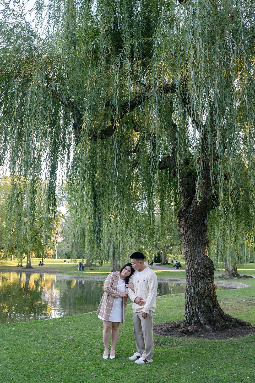Couple standing close together beneath a willow tree beside the pond in Boston Public Garden.